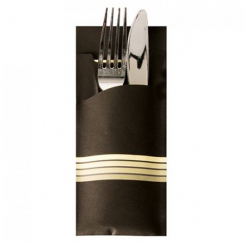 520 Stück Bestecktasche schwarz/creme "Stripes"  inkl. Serviette creme 