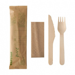 Bestecksets aus Holz "pure", Messer, Gabel, Serviette in Papierbeutel Papstar 