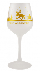 Glühweinkelch/Glühbierglas 0,2l gehärtet satiniert mit Rentierschlitten-Motiv mit "Frohe Weihnachten" in goldmetallic, ab 12 Stück 