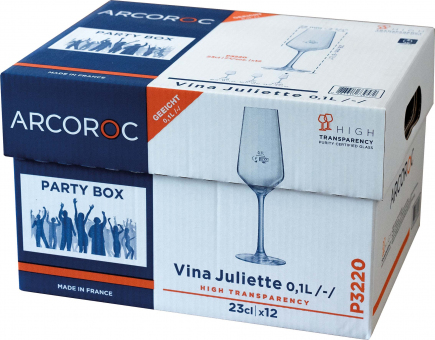 Sektglas 230 ml geeicht 0,1l Vina Juliette Arcoroc, Catering Box je 12 Gläser  ab 144 Stück Eichstrich 0,1l+0,2l (12 Boxen)