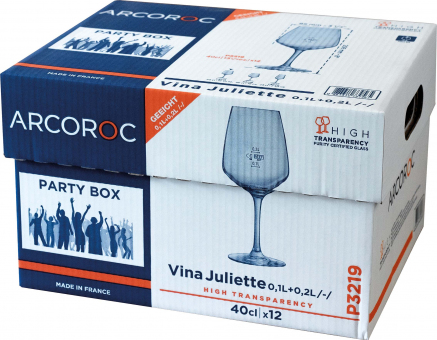 Weinglas 400 ml geeicht 0,1l+0,2l Vina Juliette Arcoroc, Catering Box je 12 Gläser  ab 1536 Stück Eichstrich 0,1l+0,2l (128 Boxen)