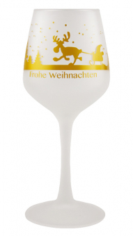 Glühweinkelch Glühbierglas 0,2l gehärtet satiniert mit Rentierschlitten-Motiv mit "Frohe Weihnachten" in goldmetallic ab 120 Stück