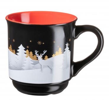 Glühweinbecher stapelbar schwarz, innen rot, mit Weihnachtsmotiv, Inneneichstrich 0,2l ab 1632 Stück