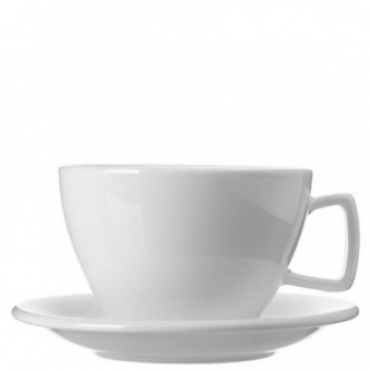 Milchkaffeetasse Porzellan weiß Edge 400 ml mit Untertasse ab 300 Stück Druck 1-farbig Tasse, Untertasse ohne Druck