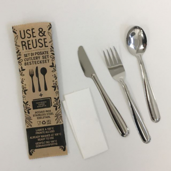 Besteck Set 3er Messer Gabel und Löffel in Papierbeutel mit Serviette Pintinox, 400 Stück 